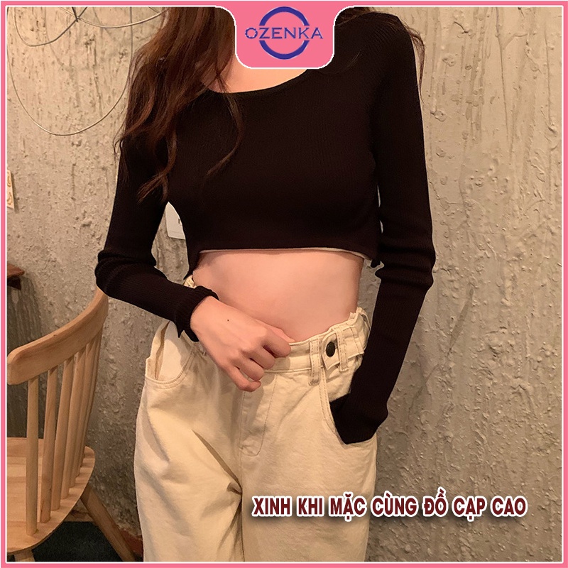 Áo thun croptop tay dài mỏng mặc hè OZENKA ,crt kiểu hàn quốc rộng khoét gấu gợi cảm mặc đi chơi đi học đen trắng