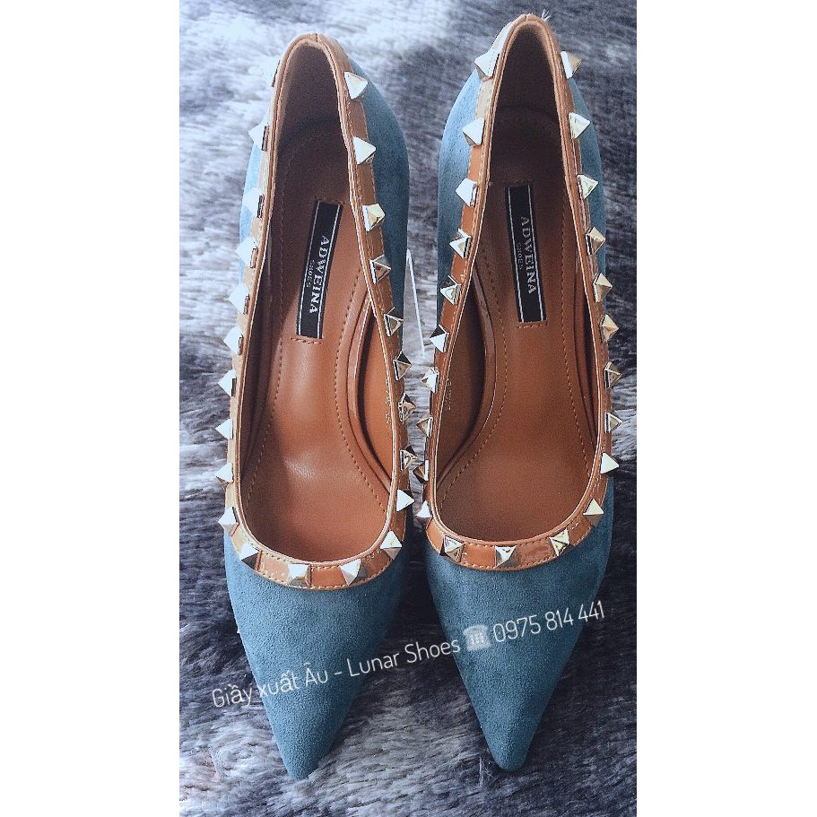 SALE G239 Giầy cao gót xanh viền đinh Sang chảnh