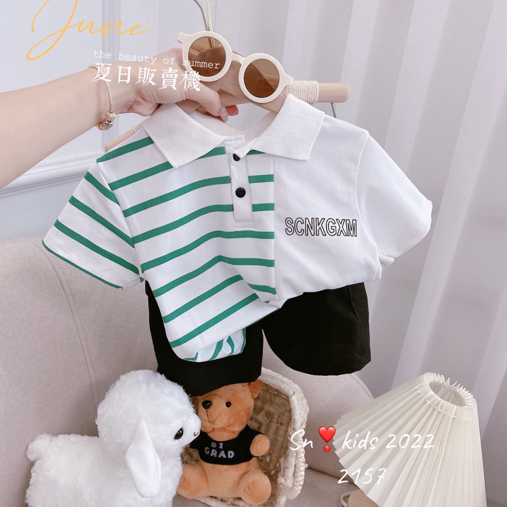 Quần áo mùa hè bé trai,  Bộ quần áo có cổ sọc kẻ nửa thân cá sấu cho bé size 10-30kg