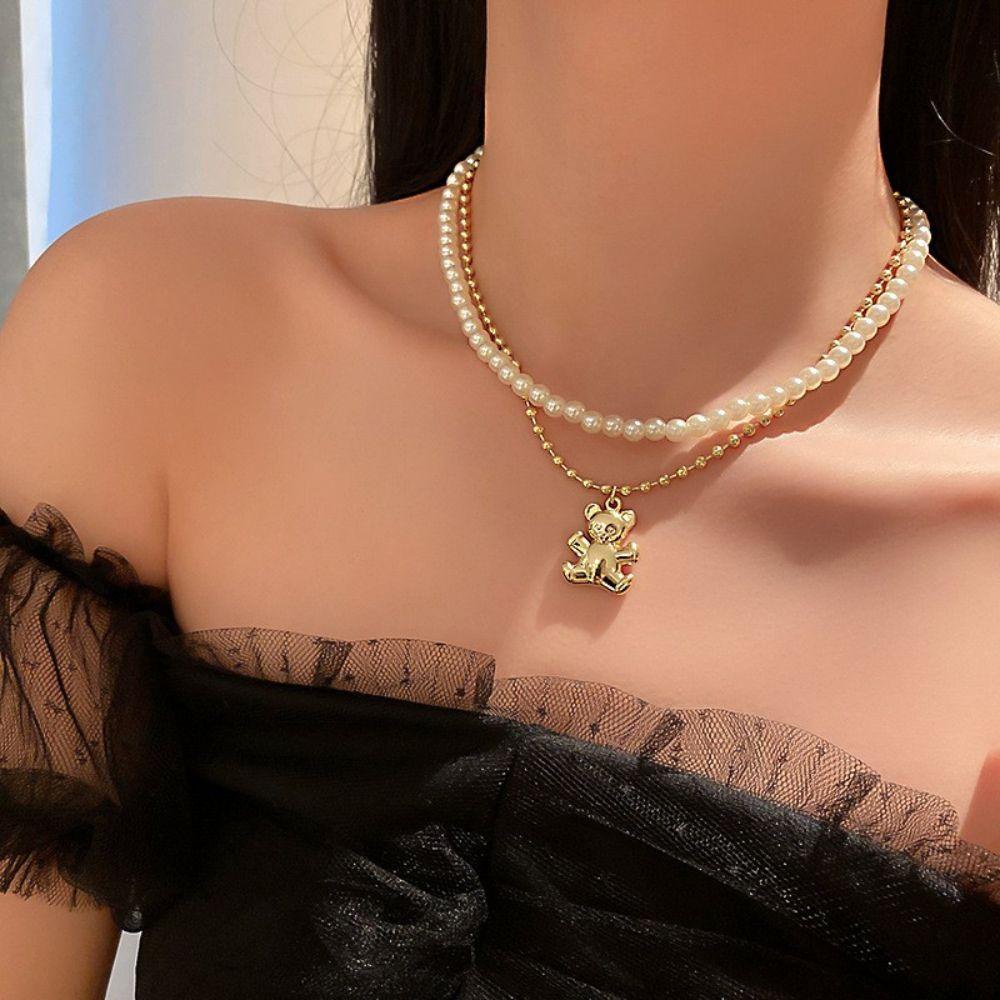 Vòng cổ Hai Lớp Mặt Hình Gấu Phong Cách Hip Hop Cổ Điển Thời Trang Cho Nữ