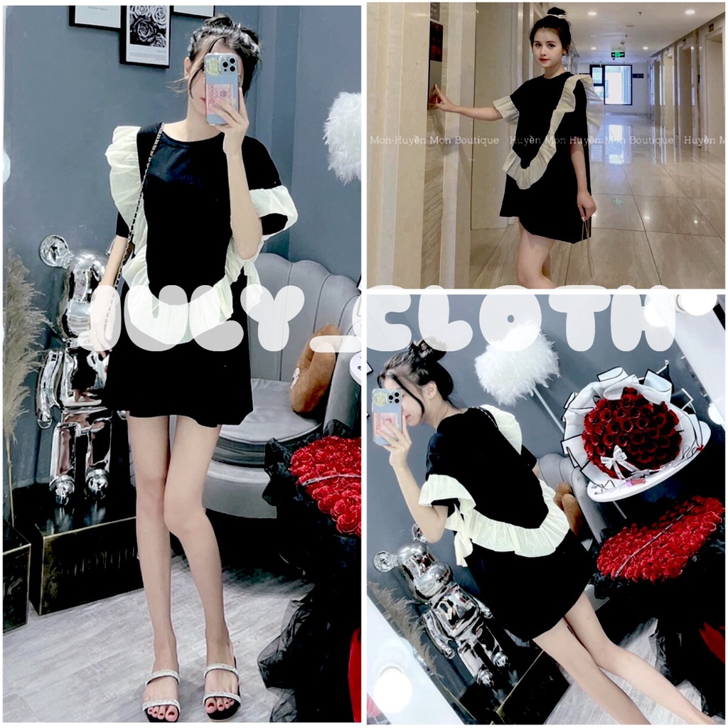 Áo Thun Nữ Đen Phối Bèo Trắng Sang Chảnh ☘ Áo Phông Nữ Cộc Tay Dáng Trùm Mông ☘