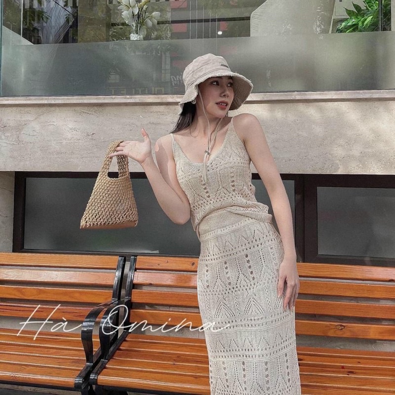 Set len ren áo hai dây phối chân váy dài hàng Quảng Châu Cao Cấp