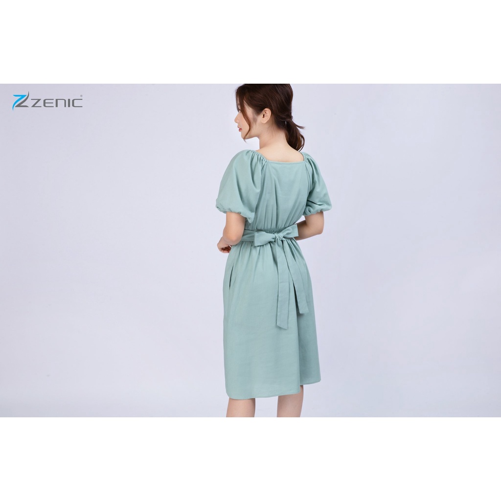 Đầm suông liền Linen nữ tay ngắn bồng cổ tròn thắt dây đai eo 65115 – ZENIC