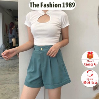 Quần short nữ ống rộng cạp cao nhiều màu- quần short nữ gập gấu cạp cúc