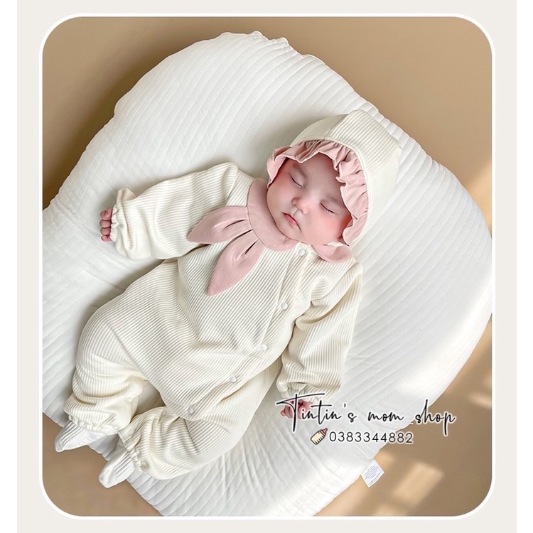 Sét body tiểu thư đầy tháng thôi nôi thun gân lót bông cổ tai thỏ kèm mũ cho bé gái
