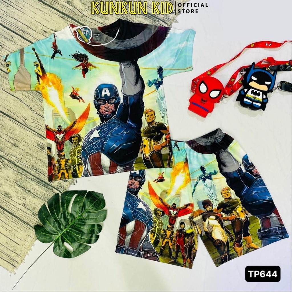 Quần áo trẻ em ngắn tay thun lạnh thoáng mát in 3d hình captain america Kunkun Kid TP644