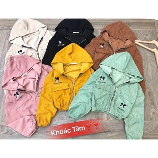 áo khoác bomber croptop nhung tam khoá dây kéo mũ trùm