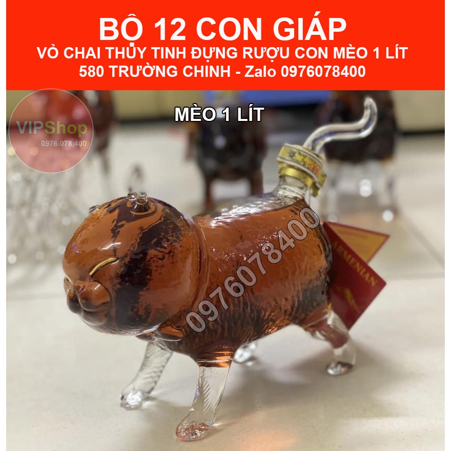Vỏ Chai Thủy Tinh Đựng Rượu Con Mèo 1 Lít – Bộ 12 Con Giáp , CG-04