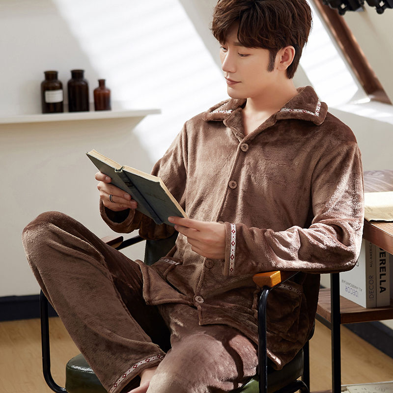 Men's Winter Pajamas Thick Coral Home Wear Long Sleeve Flannel Casual Warm Autumn And Winter Can Be Wearing Outside Suit | BigBuy360 - bigbuy360.vn