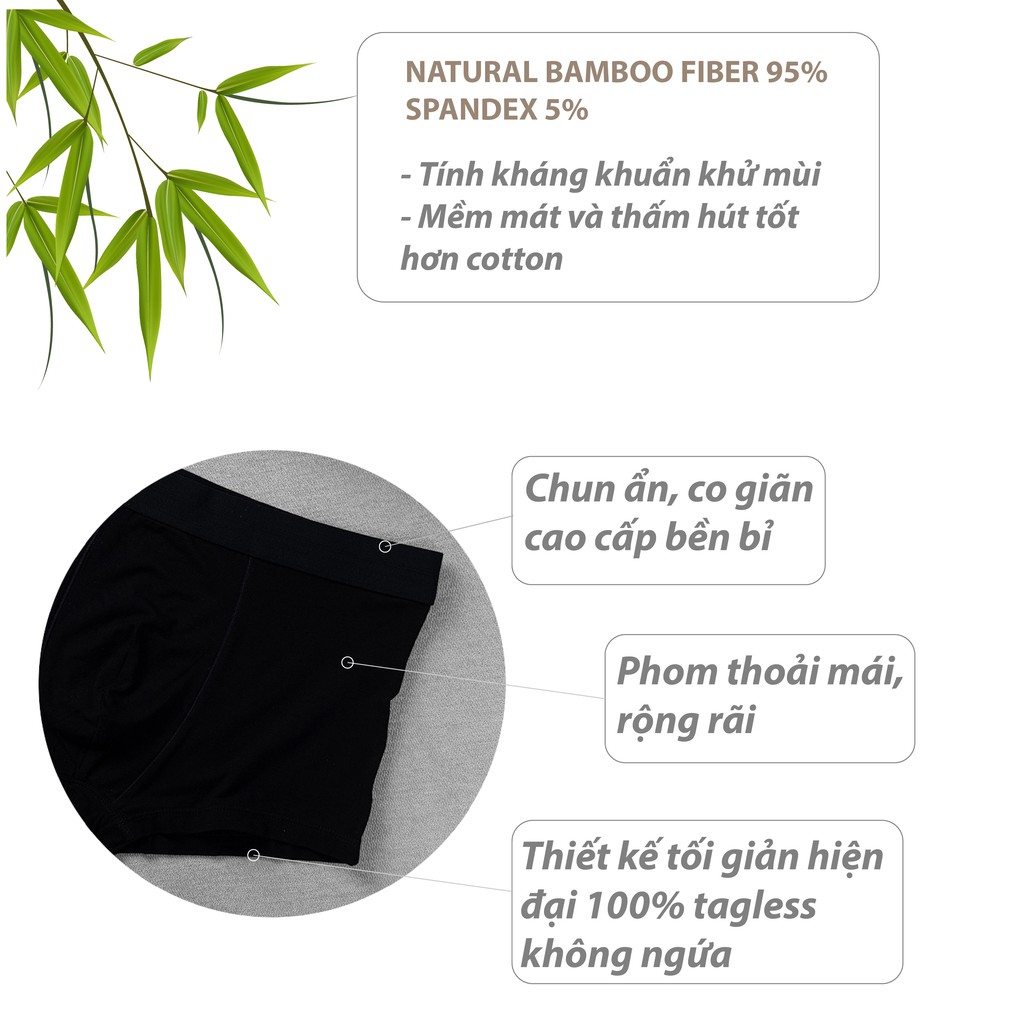 [SỢI TRE MÁT MỊN] Combo 2 Quần Boxer Nam Kháng Khuẩn Ngăn Mùi Thấm Hút Bamboo Màu Trơn Cao Cấp Chính Hãng METROFIT