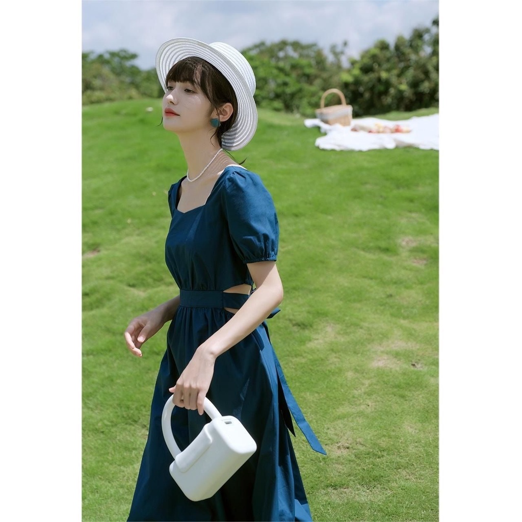 Đầm Cổ Vuông Tay Phồng Phối Nơ Phong Cách Hàn Quốc Thời Trang