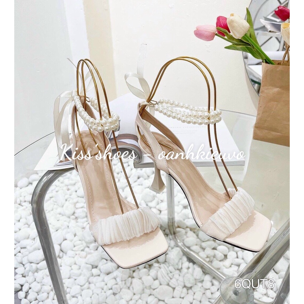 Giày cao gót 7p thắt nơ giày sandal gót 7p cột nơ quai cườm xinh