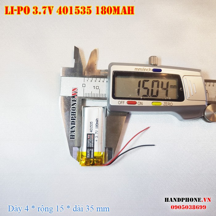 Pin Li-Po 3.7V 180mAh 401535 (Lithium Polyme) cho Tai nghe Bluetooth, Smartwatch, Máy nội soi, Cân điện tử, Camera