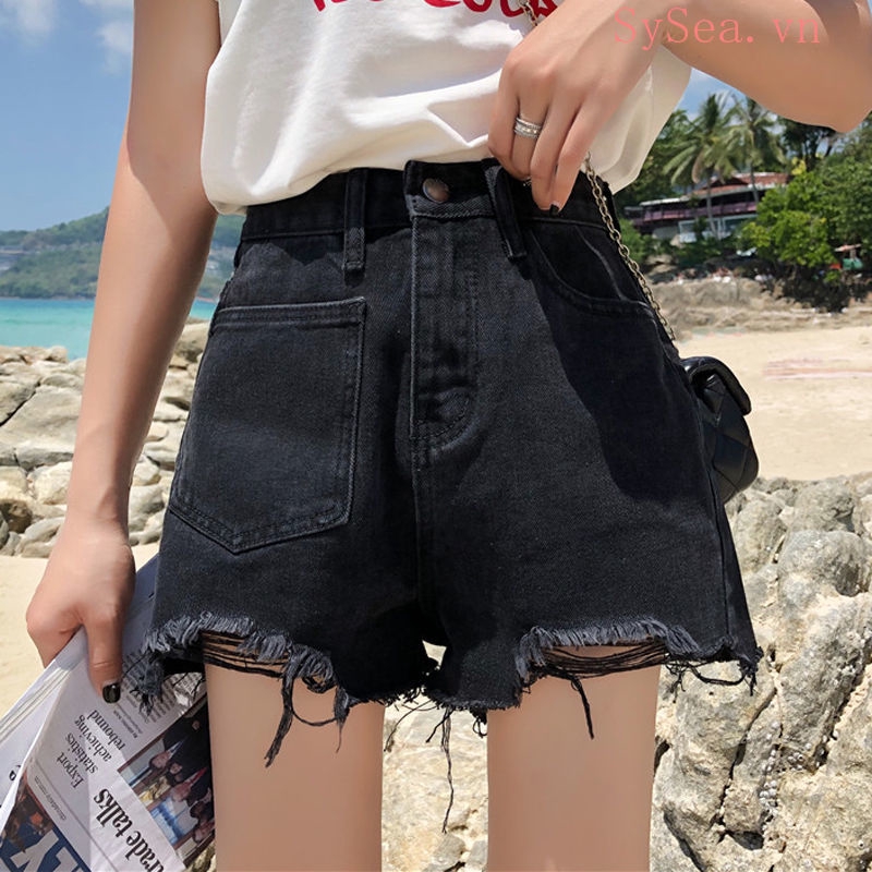 Quần Short Denim Ống Rộng Lưng Cao Phong Cách Hàn Quốc Dành Cho Nữ