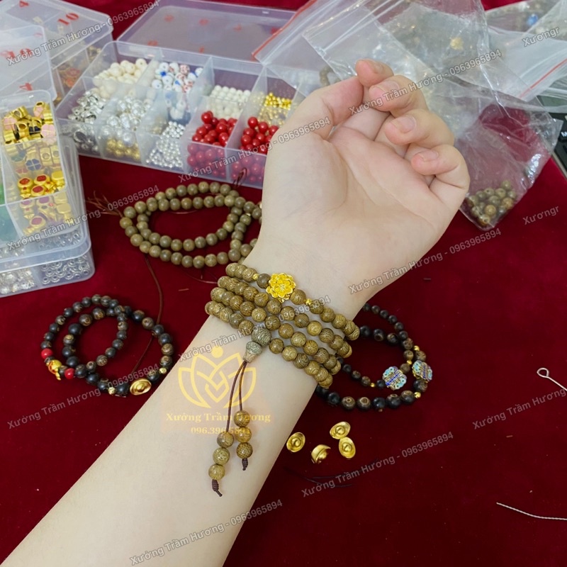Chuỗi Trầm Hương Tốc 108 hạt mix Hoa Sen vàng - Vòng tay gỗ tự nhiên Nam Nữ