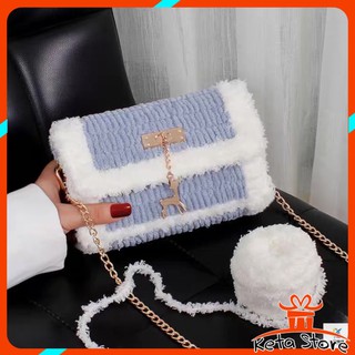 Túi tự đan len viền xù mác nai