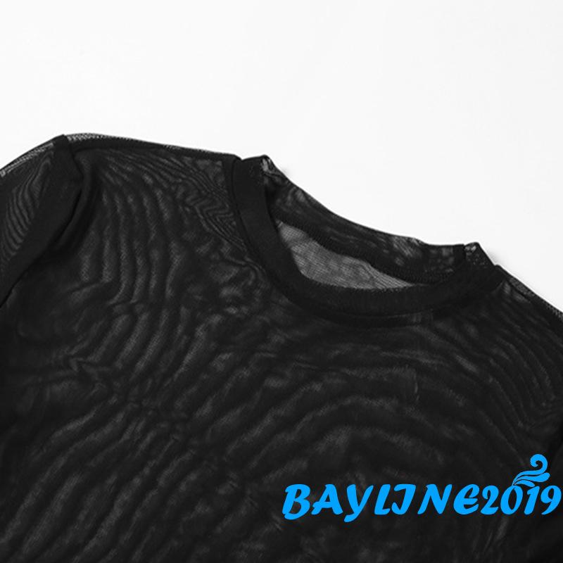 BAY-Women´s Tops Set Adjustable Camisole Vest + Long Sleeve Crew Neck See-Through Mesh T-Shirt Streetwear Two-Piece