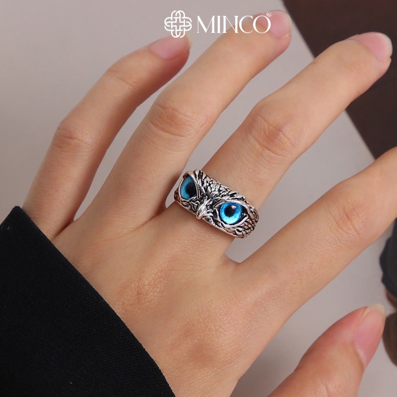 Nhẫn nam Eagle Ring Minco Accessories Thiết kế Free size Màu bạc hình mắt cú mèo màu xanh độc lạ cá tính NT88