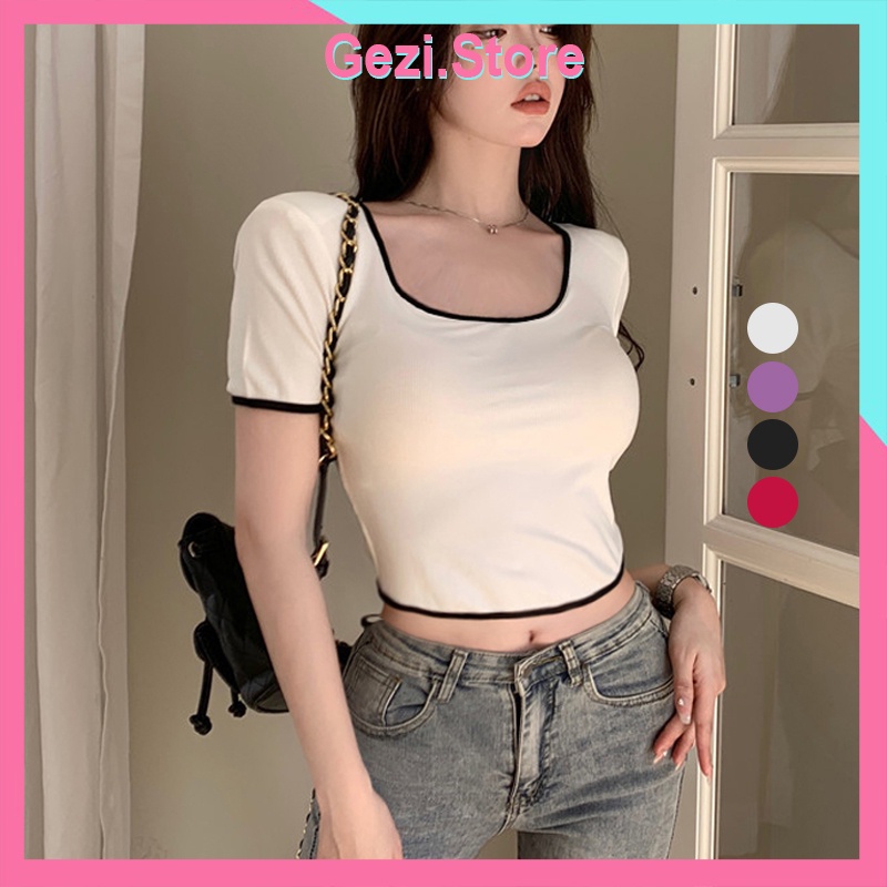 áo thun nữ croptop tay ngắn cổ vuông, Áo Croptop ngắn tay ôm body