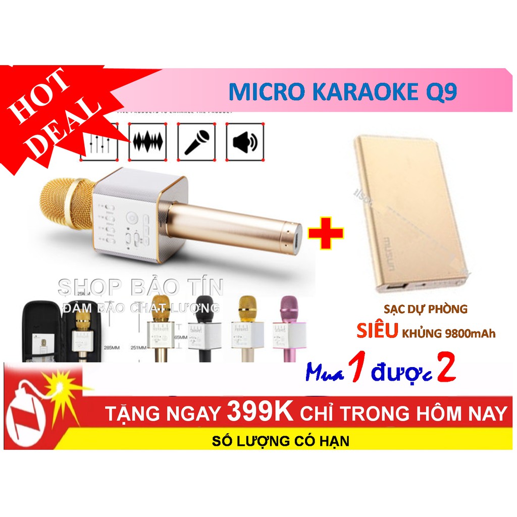 Micro Q9 karaoke kết hợp nghe nhạc tặng pinsacj dự phòng vỏ kim loại