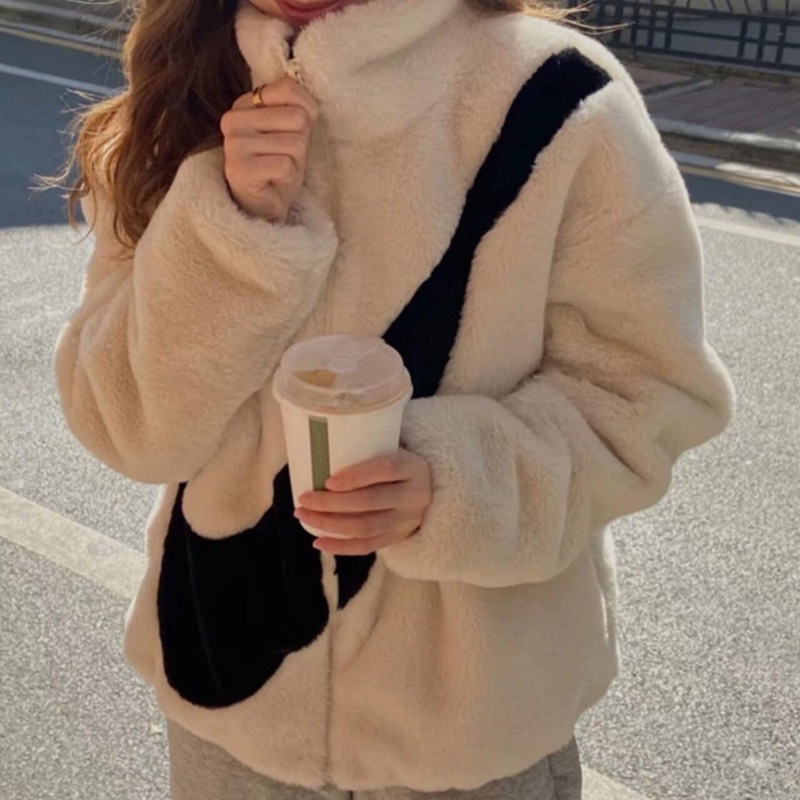 Áo khoác lông cổ cao họa tiết hình vảy 🌸 Áo khoác From rộng màu Đen/ Trắng Ullzang 🌸