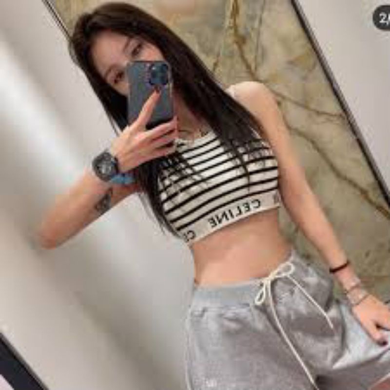 Áo croptop sát nách ZARA thun cotton gân tăm thêu chữ ce.line trắng, đen, sọc