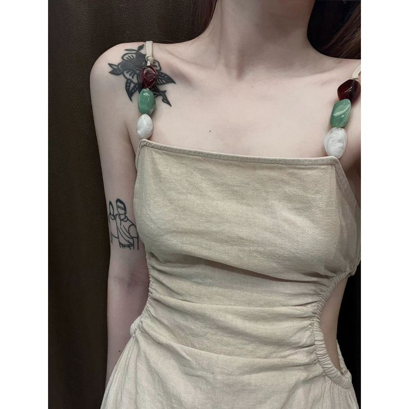 Đầm midi ZR hai dây vải lanh