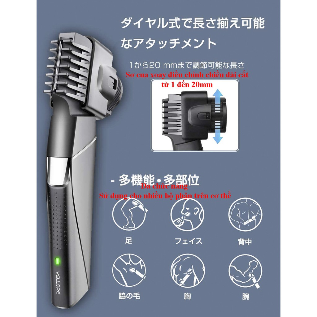Máy cạo sạc Pin đa năng Vellope 3 in 1 Nhật Bản, cắt tóc, cạo, tỉa lông cơ thể tất cả trong 1