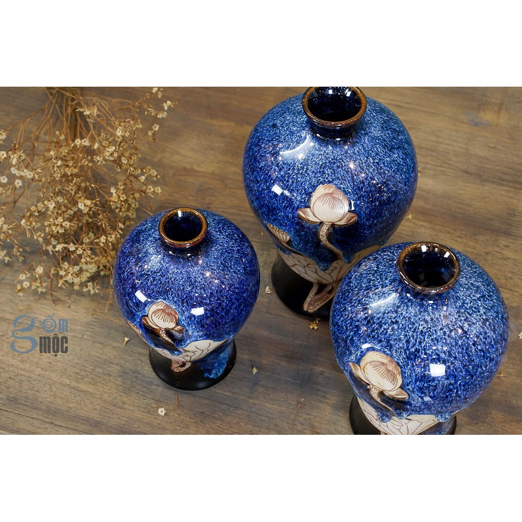 Bình hoa men hỏa biến xanh đá khắc sen nâu, dáng đùi dế, gốm sứ Bát Tràng cao cấp