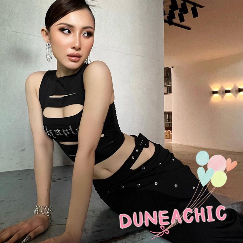 DUNEA Áo tanktop cổ tròn đính đá lấp lánh xinh xắn thời trang cho nữ