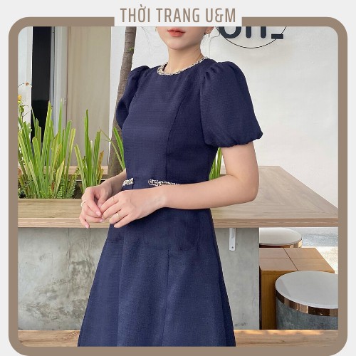 Đầm Xanh Than Tay Bo Cổ Tròn Độc Đáo Đủ Size 40kg-80kg | BigBuy360 - bigbuy360.vn