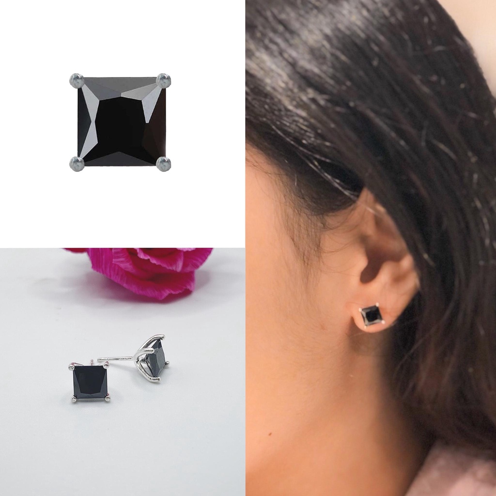 Khuyên Tai Bạc Nụ Đá Vuông Đen Huyền Bí KHJER055 - Khuyến Tai Nạm Đá Lấp Lánh