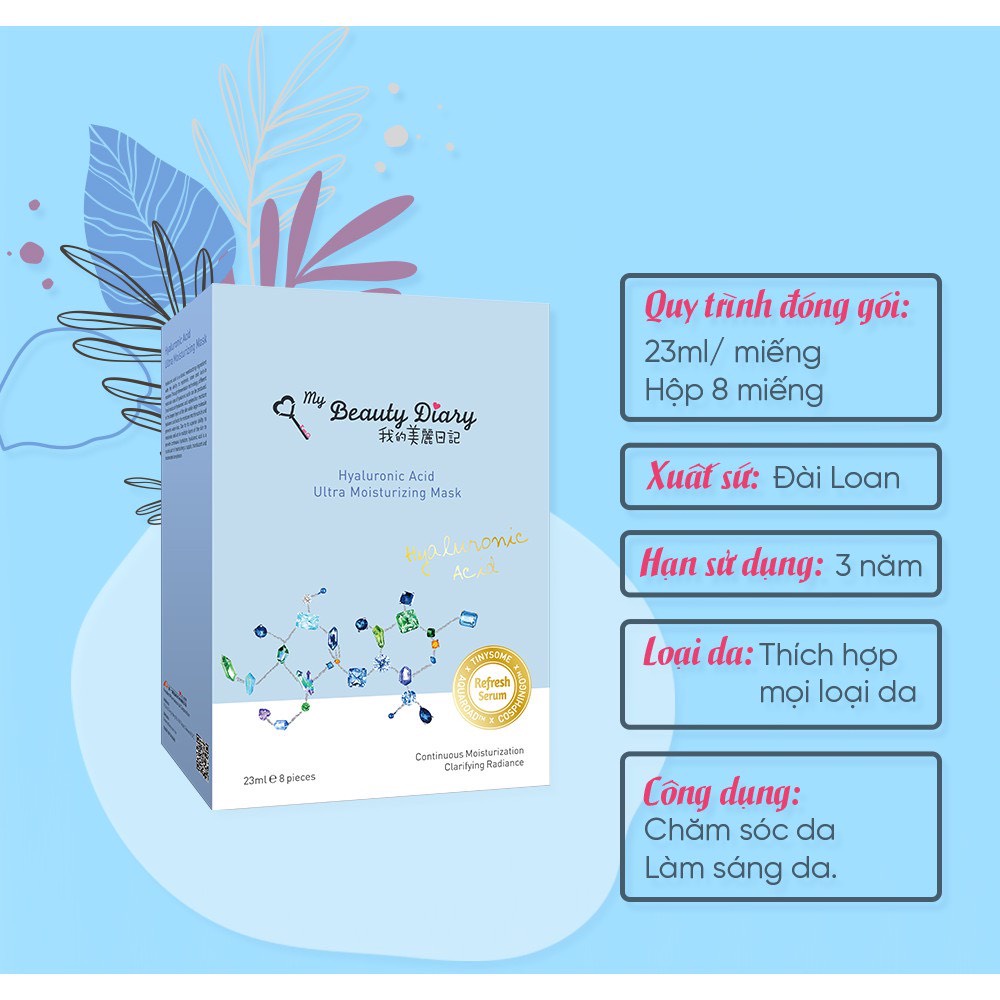 Hộp 8 miếng mặt nạ My Beauty Diary Hyaluronic Acid Moisturizing cấp nước và dưỡng ẩm - HA 23ml/Miếng