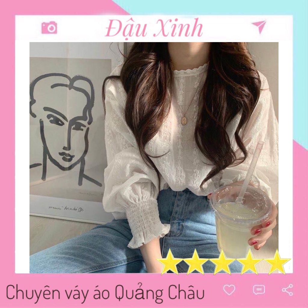 Áo sơ mi ren trắng tay phồng bánh bèo tiểu thư cổ tròn shop Đậu Xinh - 817