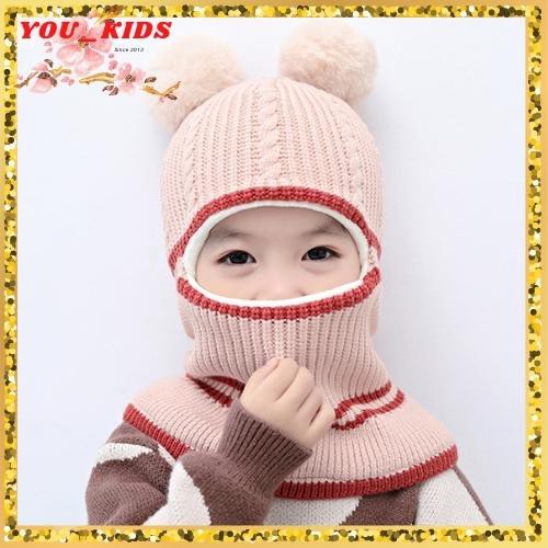 Mũ len cho bé trai gái mùa đông hai quả bông trùm đầu dễ thương giá rẻ đẹp kèm khăn hàng hiệu giữ ấm trẻ sơ sinh