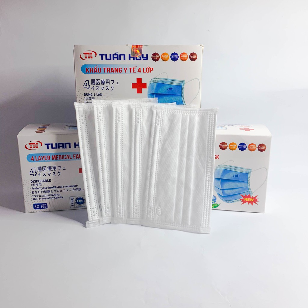 Khẩu trang y tế, Khẩu trang TUẤN HUY 4 lớp màu trắng, hộp 50c, hàng chính hãng #qmc