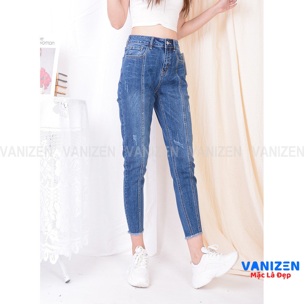 Quần jean nữ ống rộng baggy đẹp lưng cao cạp căn bản xước nhẹ có gân gấu tua rua hàng hiệu cao cấp mã 379 VANIZEN