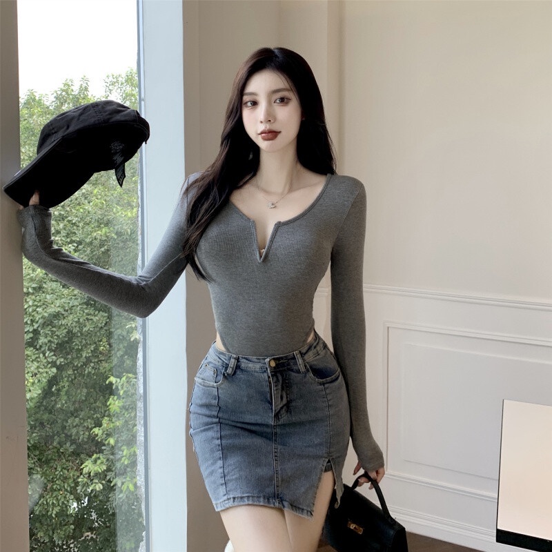 Glorki one-piece top women's crotch European and American style sexy hot girl tight long-sleeved one-shoulder knitted shirt inner base shirt autumn | BigBuy360 - bigbuy360.vn