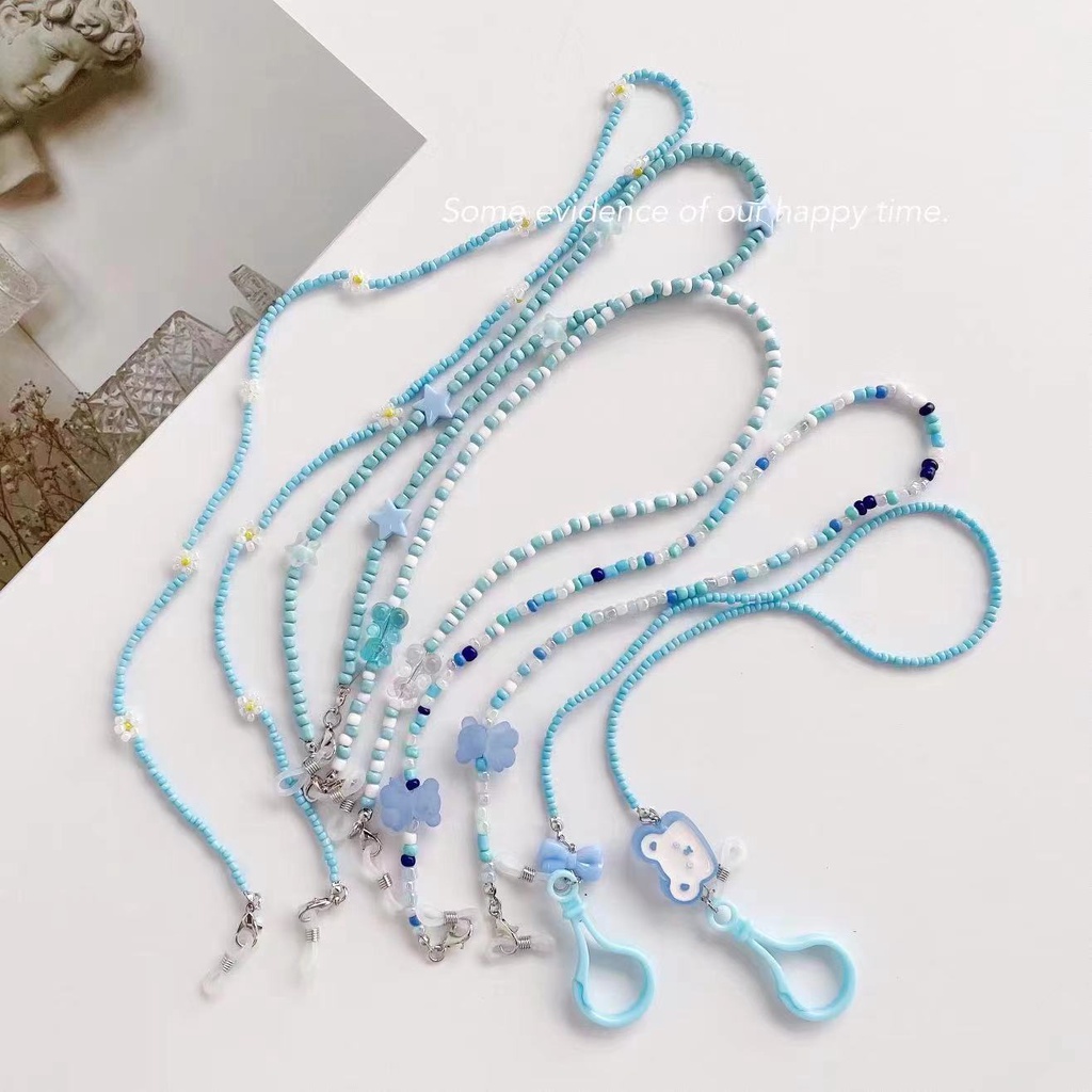 Dây Đeo Mắt Kính Xâu Hạt Xanh Dương Hình Gấu Hoạt Hình Đơn Giản Phong Cách Hàn Quốc Mới