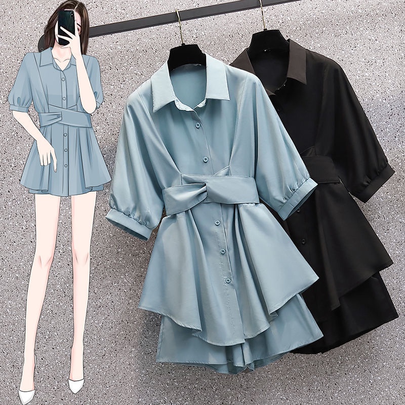 Set áo sơ mi tay ngắn + quần short ống rộng thiết kế tôn dáng thời trang cho nữ có bán lẻ