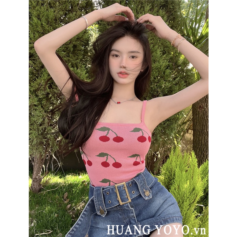 HUANG YOYO Áo Hai Dây Họa Tiết Quả Anh Đào Thời Trang Hàn Quốc