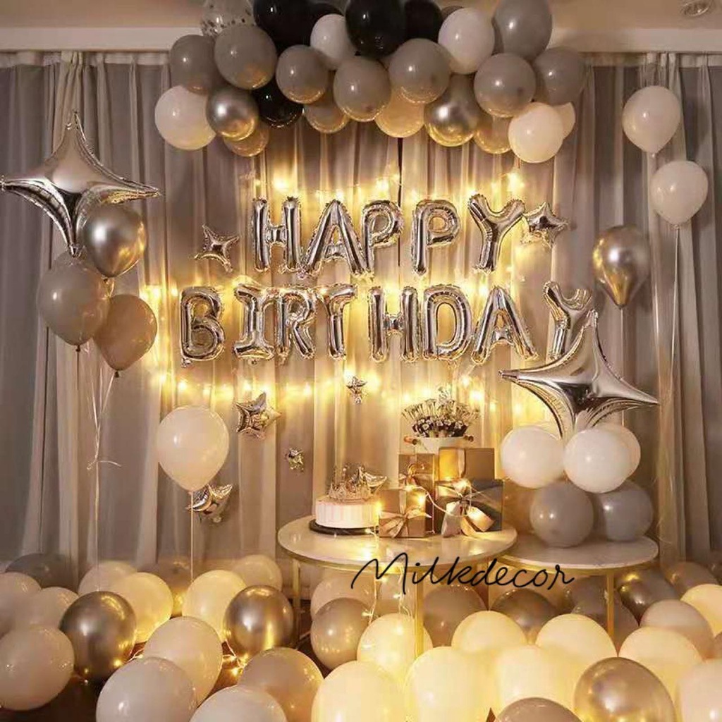 Tặng Đèn Led + Dây Kết Nối Set bóng bay trang trí sinh nhật happy birthday tông ghi bạc
