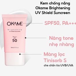 Kem chống nắng tone-up, quang phổ rộng Okame Brightening UV Shield Sunscreen SPF 50 PA++++ 50ml