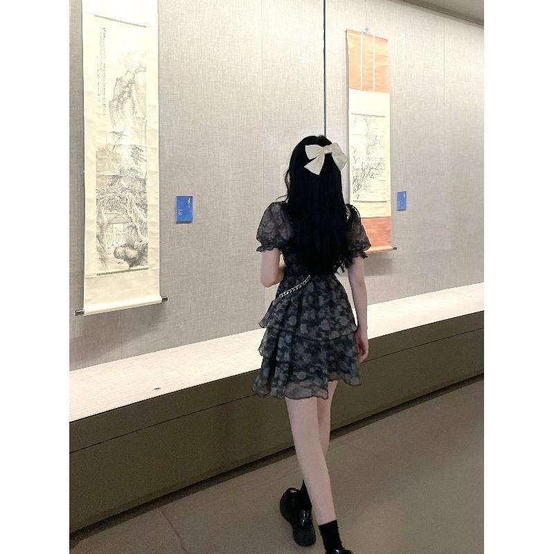 Đầm tay phồng cổ vuông dáng chữ A in họa tiết hoa thời trang mùa hè phong cách Pháp mới cho nữ 2022