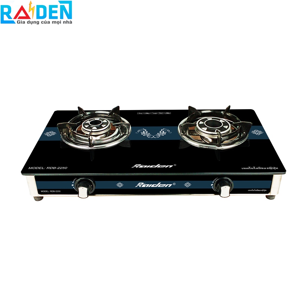 [Chính hãng] Bếp ga đôi kính cường lực Raiden RDB-2250B điếu inox, đầu đốt nhôm 85mm + 100mm