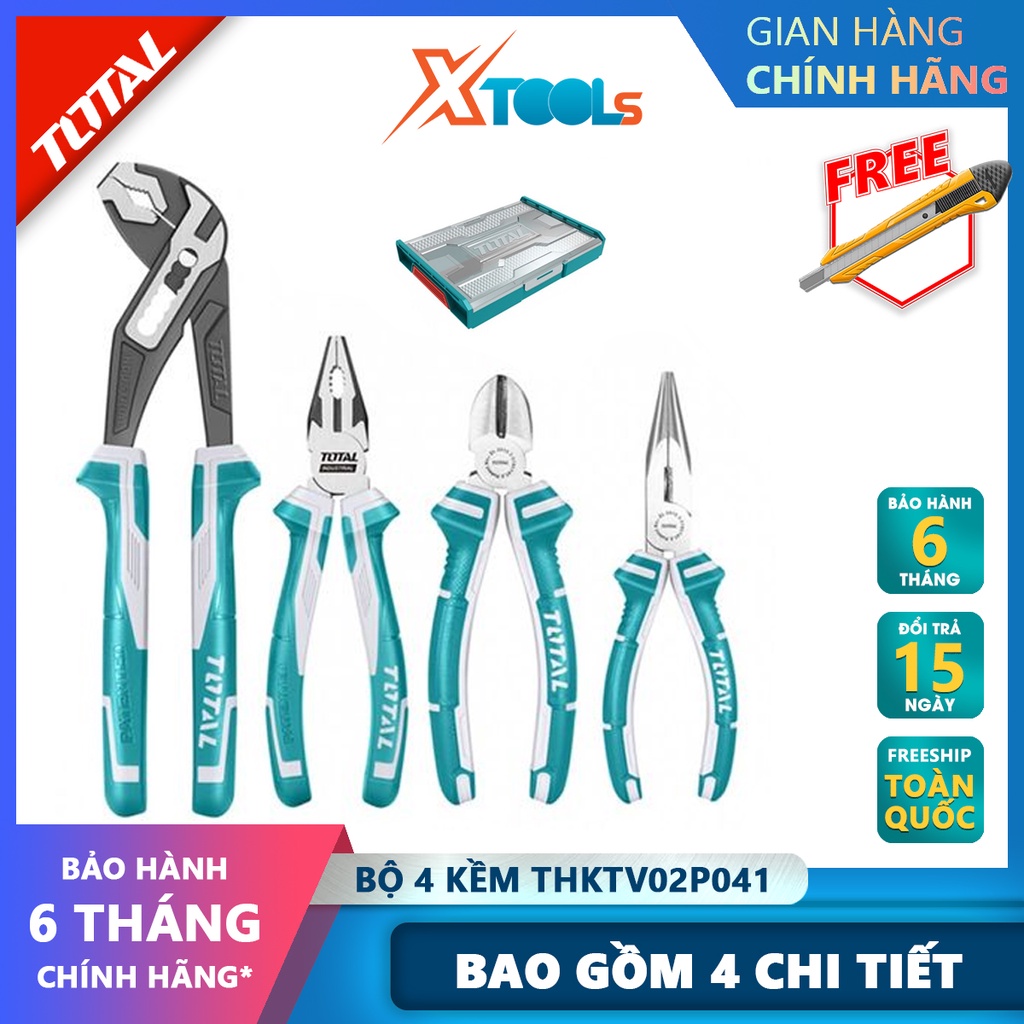 Bộ kềm 4 món TOTAL THKTV02P041 bộ 4 kìm bao gồm 1 kềm răng 8 inch, 1 kềm cắt 7 inch,1 kềm cắt mỏ dài 6 inch, 1 kềm mỏ qu