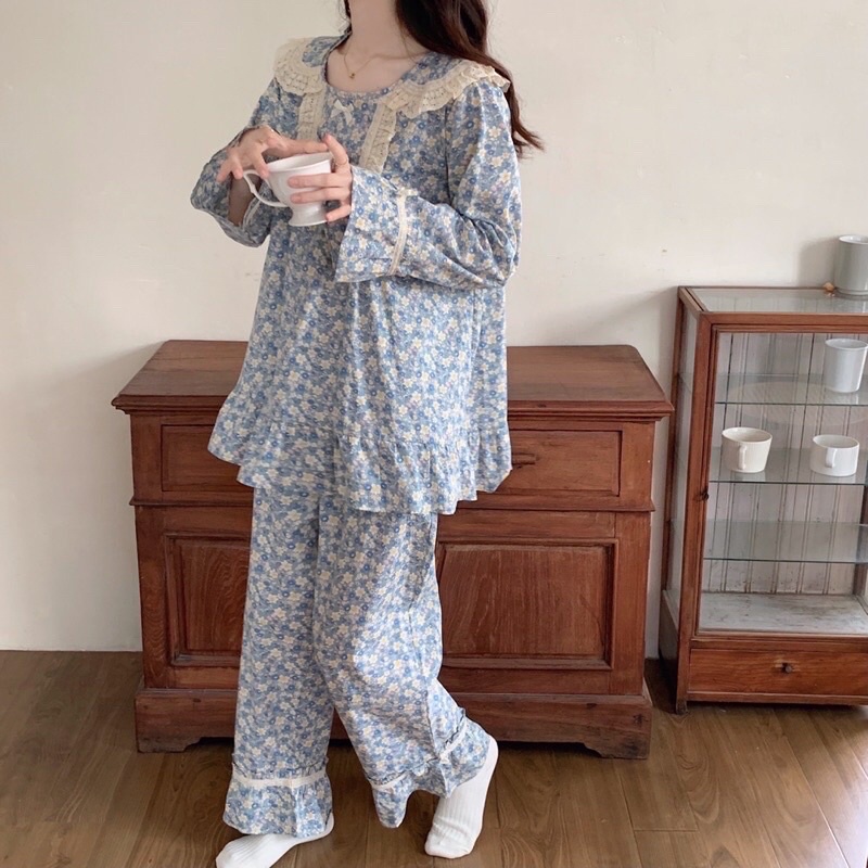 Đồ Ngủ Hoa Nhí Ulzzang Style Hàn Quốc- Đồ Bộ Nữ Mặc Nhà Tiểu Thư Phối Bèo Công Chúa