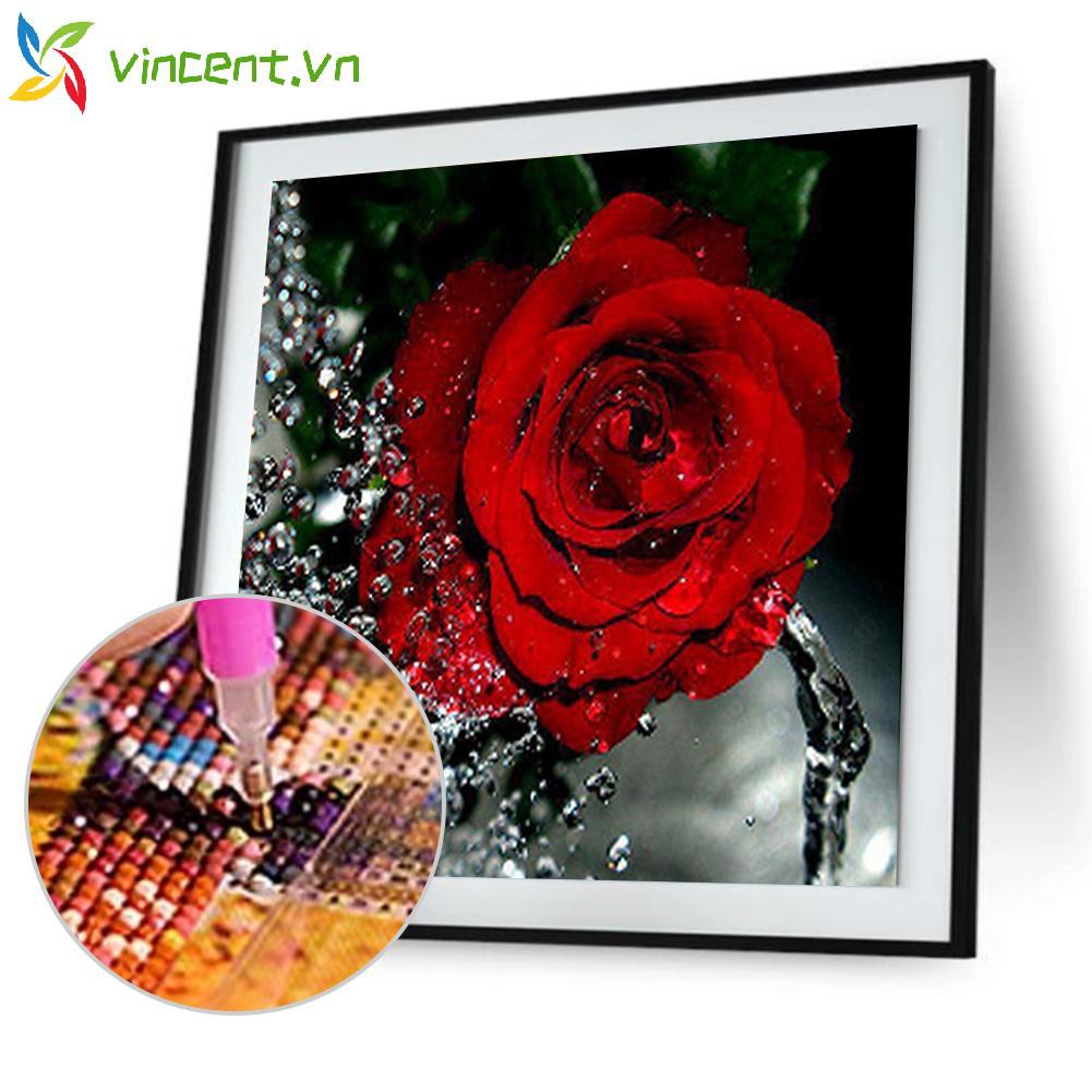 Tranh Thêu Chữ Thập Đính Đá Kim Cương 5d 30x30cm Hình Hoa Hồng Đỏ