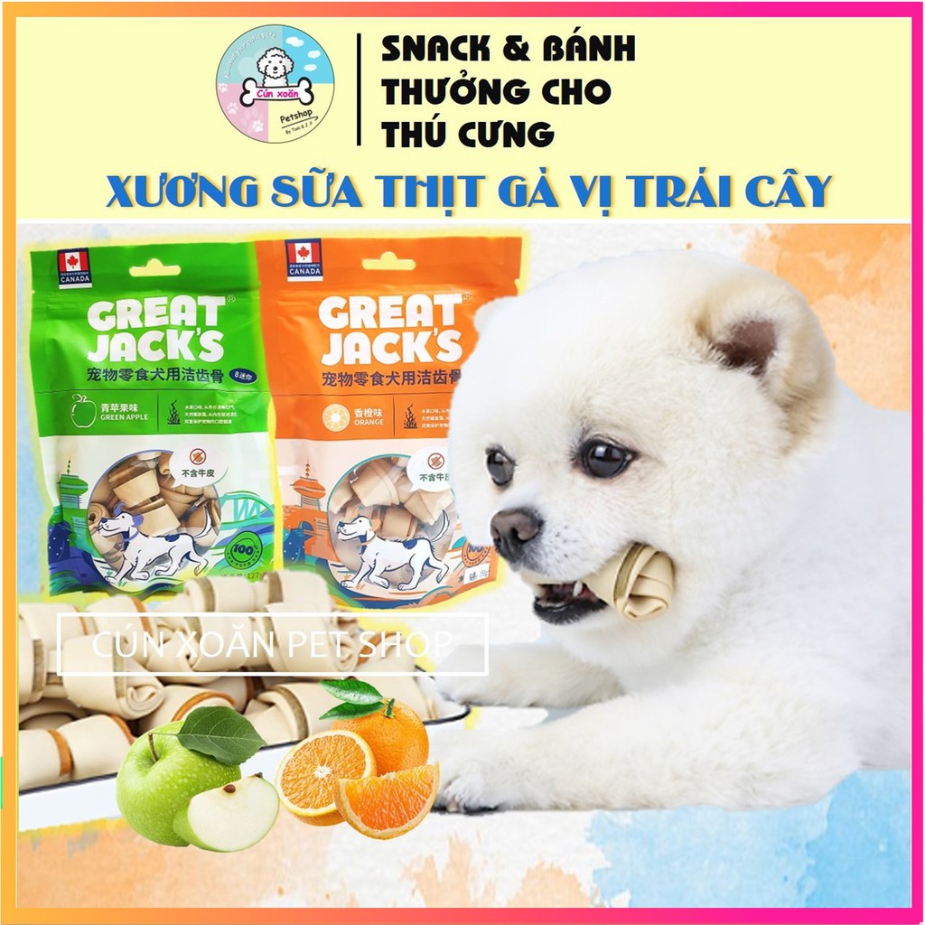 Xương gặm cho chó Great Jack's (Bịch 8 cây nhỏ) vị gà cuộn trái cây (🍊Cam 🍏táo) xương cho cún