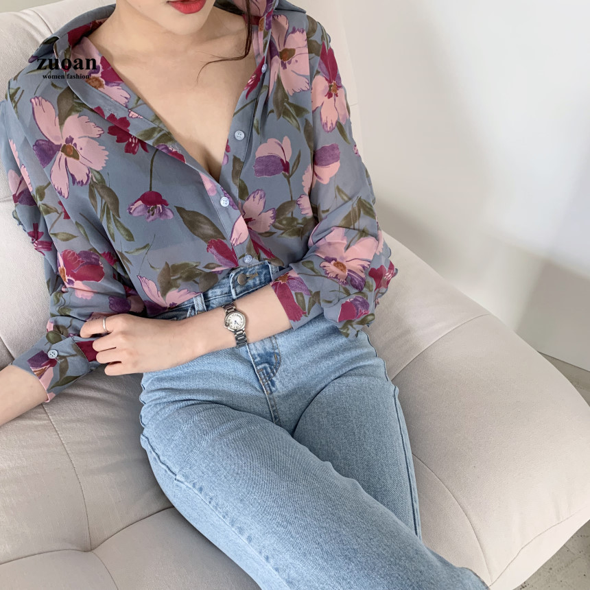 SUXI Áo sơ mi chiffon tay dai in họa tiết bông hoa thời trang thanh lịch cho nữ
